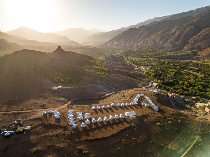 Aerial view of tents in Atlas Mountains of Morocco